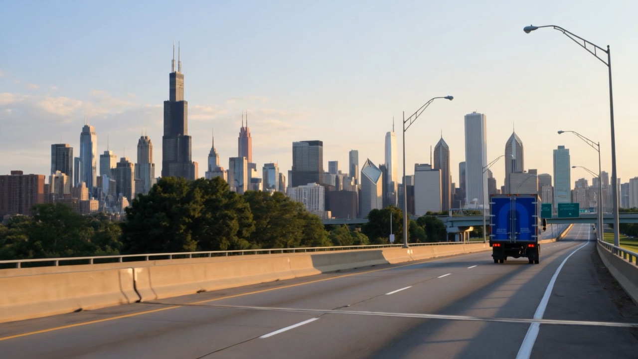 A northarc box truck heading toward the Chicago skyline at sunset